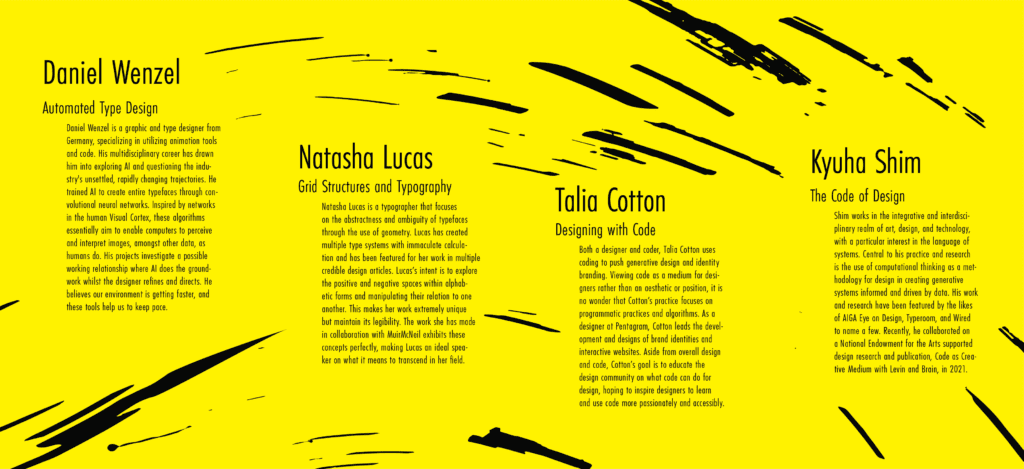 A biography of each speaker for typecon from left to right Daniel Wenzel for Automated Type Design, Natasha Lucas for Grid Structures and Typography, Talia Cotton for Designing with Code, Kyuha Shim for The Code of Design. The page is yellow with streaky black embellishments.
